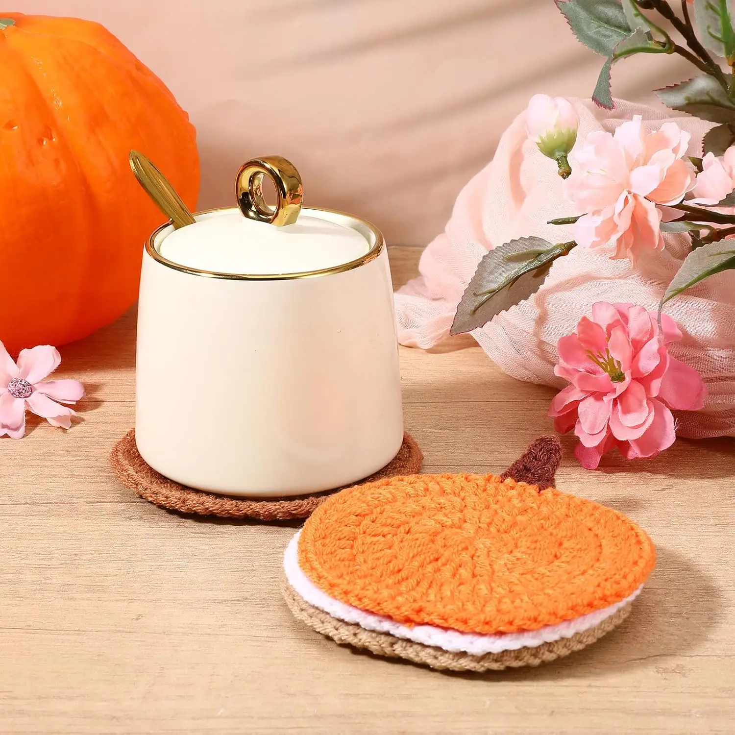 4 Pcs Crochet Thanksgiving Pumpkin Coasters, Knitted Handmade Woven Mat, Autumn Harvest Table Party Decor Gift Set view 3