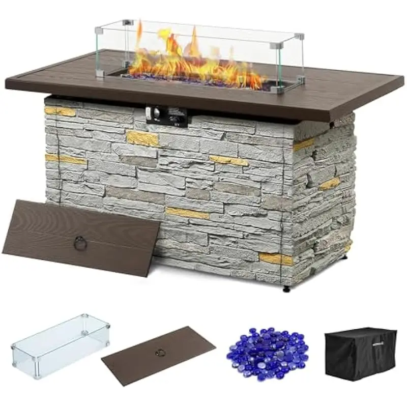 43 Inch Rectangular Outdoor Fire Table with Faux Stone Surface Gray Finish CSA Certified Propane Powered 50000 BTU Output Electr