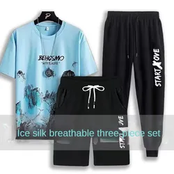 Youth quick drying sports shorts three piece set, trendy short sleeved t-shirt, summer men's casual thin student set