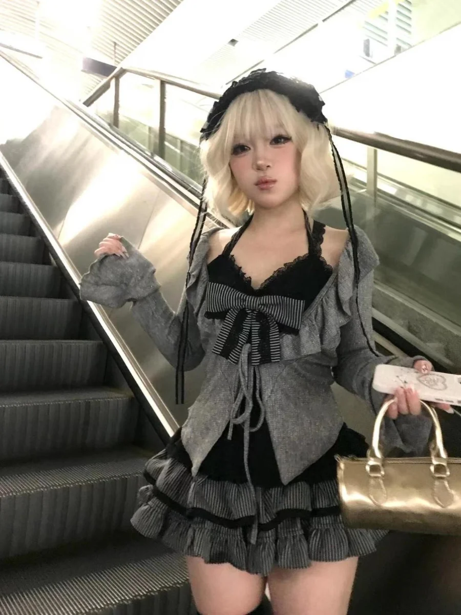 

Сладкий пряный комплект для косплея на Хэллоуин с подвесным топом Ne Long Sve Открытый кардиган ey Длинная юбка-тортик све для женщин