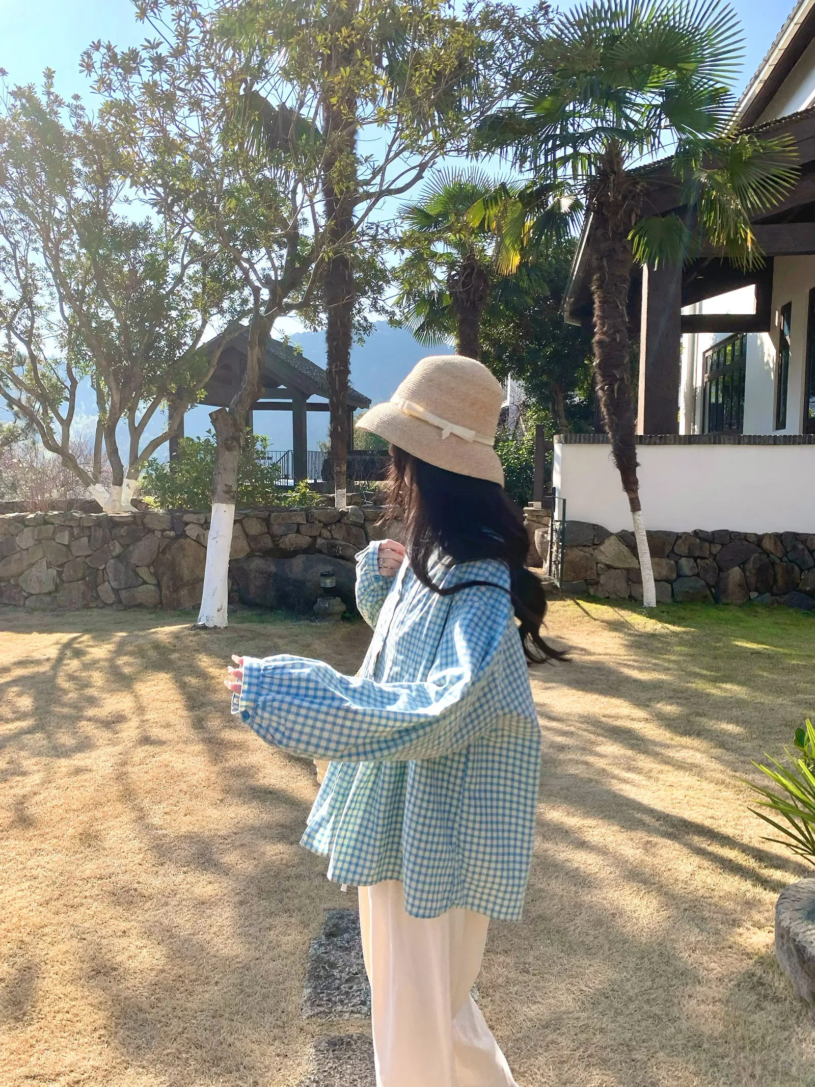 

Светло-голубой клетчатый кардиган для женщин из хлопка с длинными рукавами, круглым вырезом, в японском стиле, прямого кроя