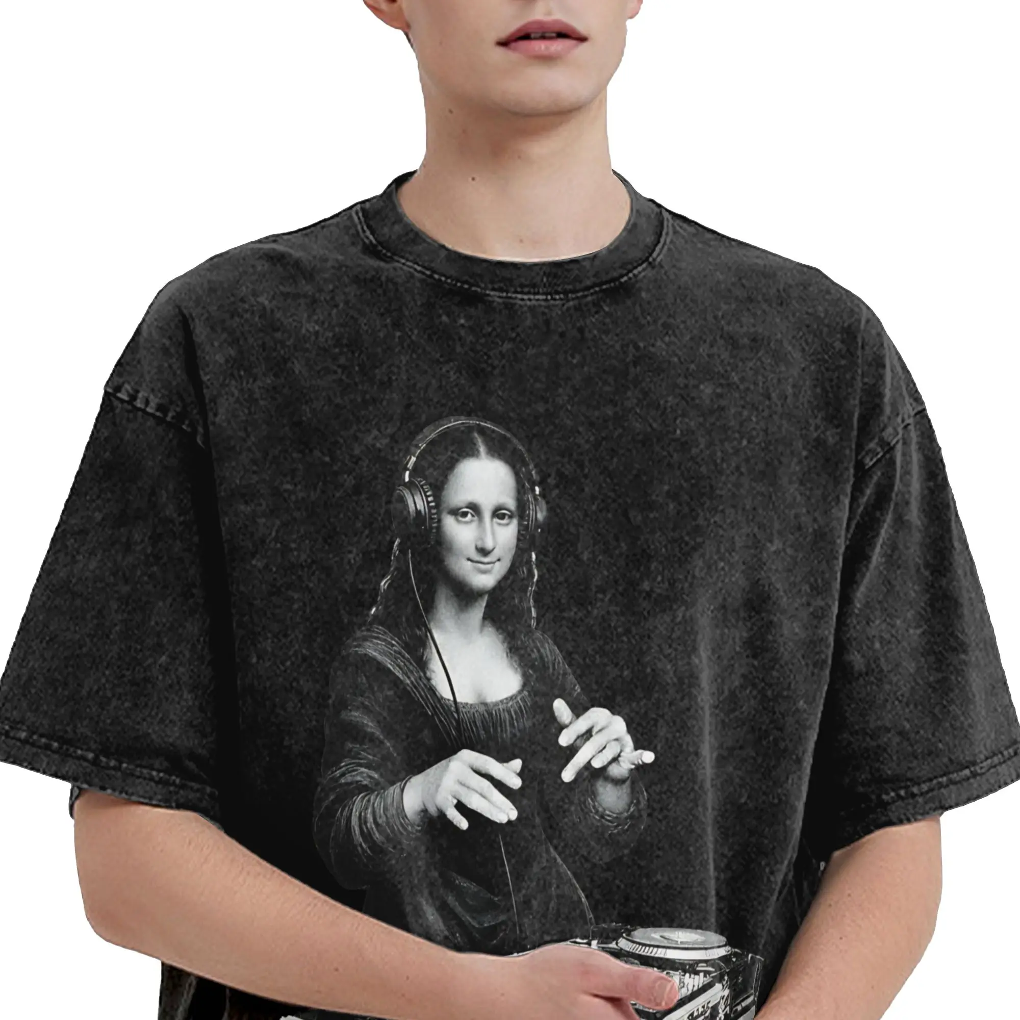 DJ La Gioconda Mona Lisa T Shirt Hip Hop Washed Short Sleeve Oversize T-Shirts  Novelty Men Women Streetwear Graphic Tee Shirt