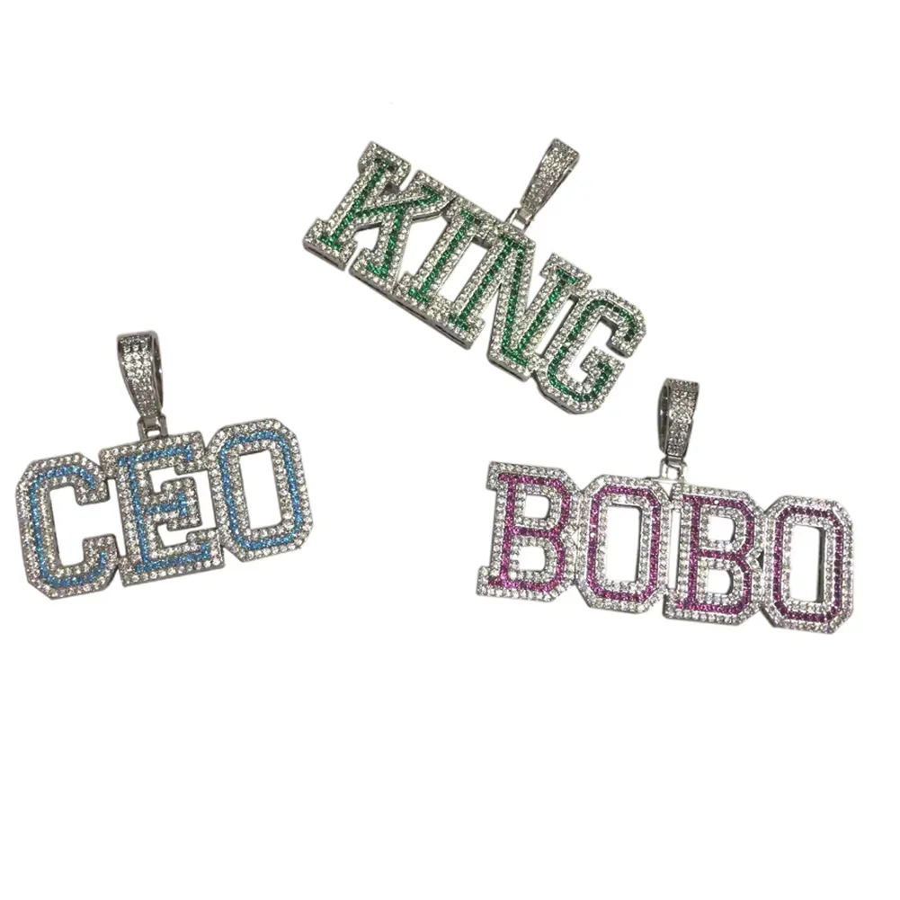 TopBling Custom Name Necklace Iced Out Blue Pink Green Cubic Zirconia Initial Letter Pendant Chain Hiphop Punk Jewelry