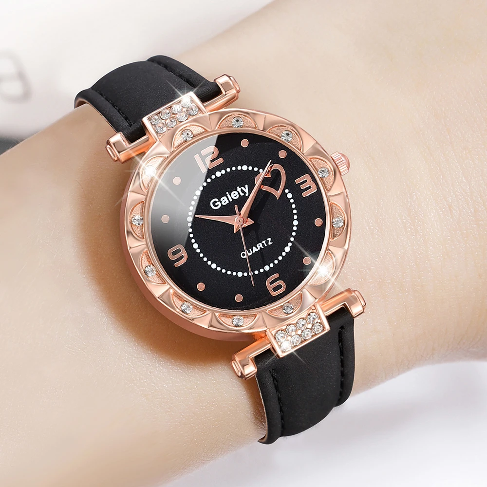 GAIETY Simple Luxury Love Element Leather Black Strap Watch Casual Fashion Quartz Watch Is The Perfect Gift For Her (No Box)