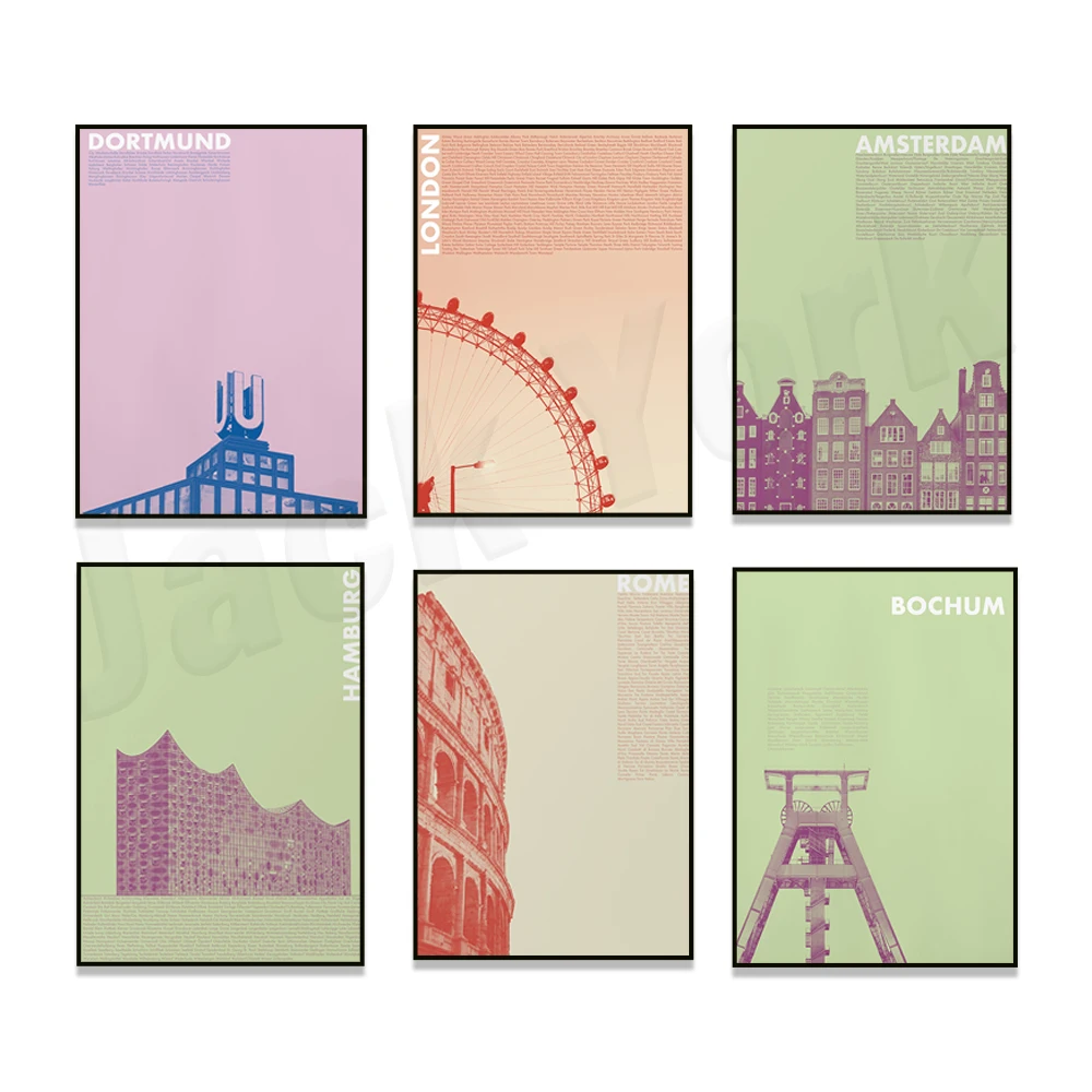 University of Dortmund, Elbphilharmonie, Amsterdam, Colosseum, New York, Manhattan image, London Eye UK, Bochum retro poster gif