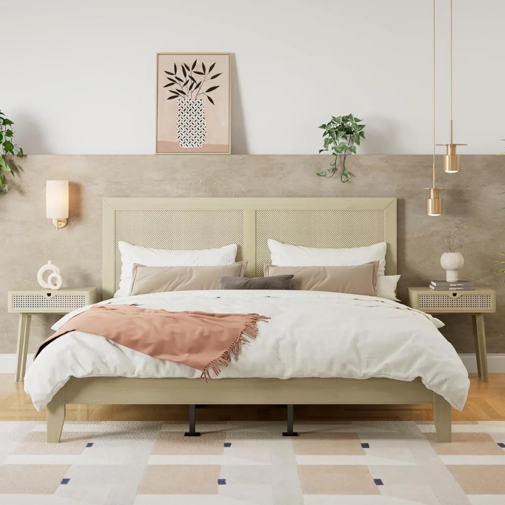 

Modern Rustic Solid Wood Platform Bed with Rattan Headboard, California Kin Low Bed Frame No Box Spring Needed/Easy