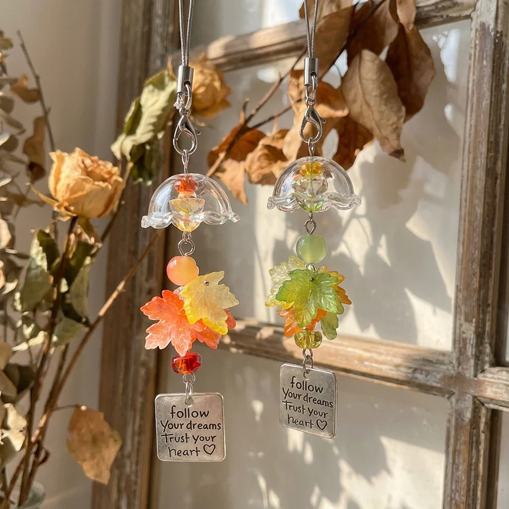 

Spring Green Leaf Glass Bell Phone Charm, "Follow Your Dreams" Inspirational Keychain Pendant for Bags Earphone Case Decor