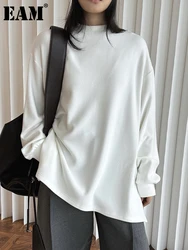 [EAM] Women White Brief Thick Big Size Casual Plain T-shirt New Round Neck Long Sleeve Fashion Tide Spring Autumn 2024 1DH7727