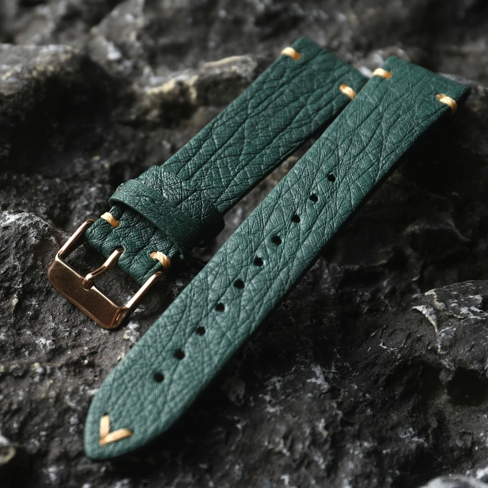 Handmade Ultra-Thin Genuine Leather Strap Ostrich Leather 20MM 18MM 22MM Green Soft Bracelet, Vintage Style