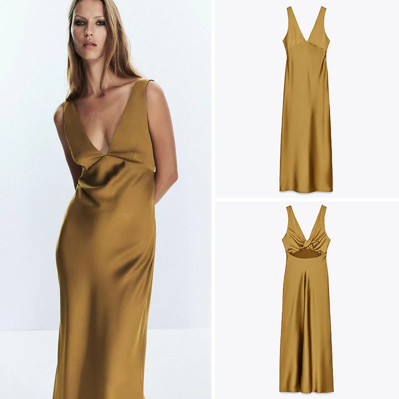 خريف جديد وصول المرأة Bal V-ne ميدي الدكتور الحرير الساتان الملمس عادية Sle H-aped ثوب لا Sve مادة أخرى #1