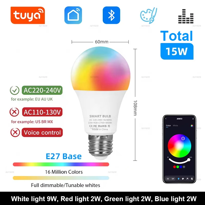 Tuya Bluetooth LED-lamp Dimbaar 15W 18W E27 B22 220V RGBCW Kleurverandering Lampen Smart Life APP Groepscontrole Muziek Ritme Timing