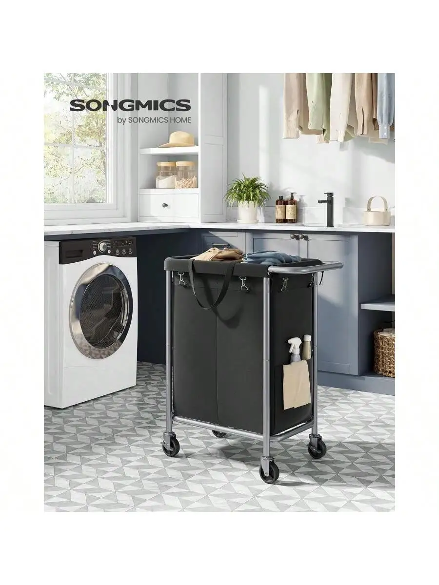 SONGMICS Laundry Basket With Wheels, Rolling Laundry Hamper, 23.8 Gallons (90L), Removable Liner, Steel Frame With Handle, Bl