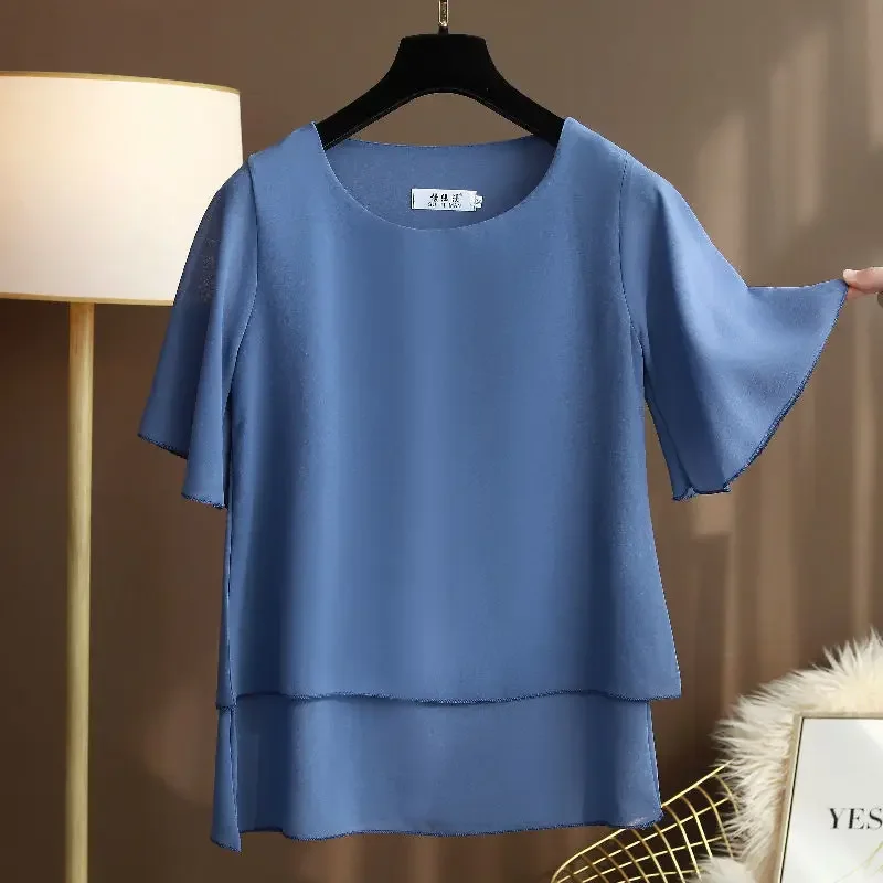 Oversized Summer Women Blouses Short Sleeve Solid Chiffon Blouse Casual O-Neck Ladies Cozy Tops Loose 5XL 6XL 2022 Femininas Top