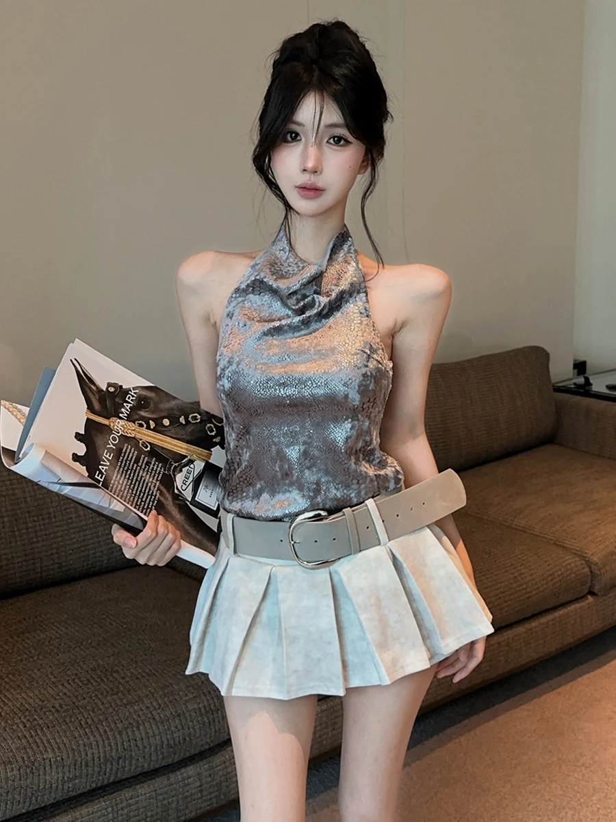 Flashy Shoulder Baring Neckline Crop Top And A-Line  Skirt Set High Collar Slim Fit Workwear Glimmering Sexy Two Piece Ou...