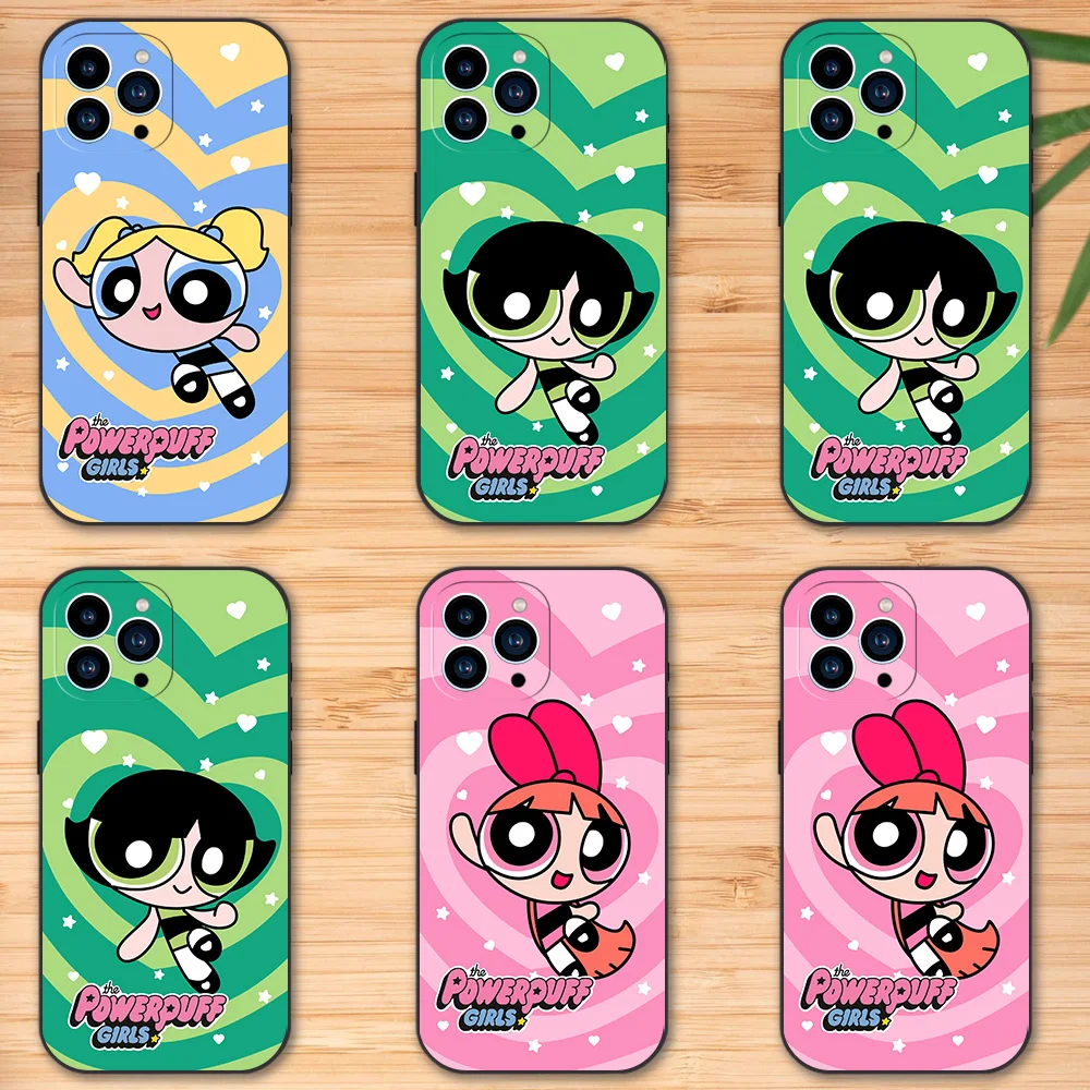 Cartoon The P-Powerpuff Girls Phone Case for iPhone 12 11 13 14 15 16 Max Pro Plus Black Soft Silicone Cover