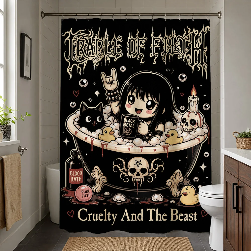 Gothic Punk Metal Cruelty and The Beast Waterproof Shower Curtain Liner Art Print Edgy Halloween Bathroom Decor Unique Room Acce
