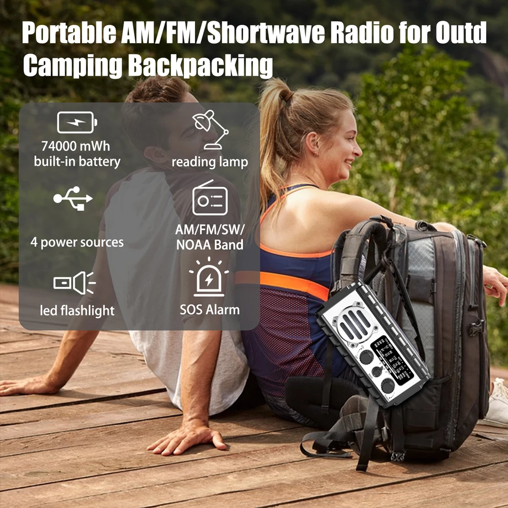 Woopker Radio XSY-350 20000mAh Radio awaryjne FM Solar Korbka USB Ładowanie SW/AM/FM Power Bank Latarka Alarm SOS 2025 — zdjęcie produktu 5