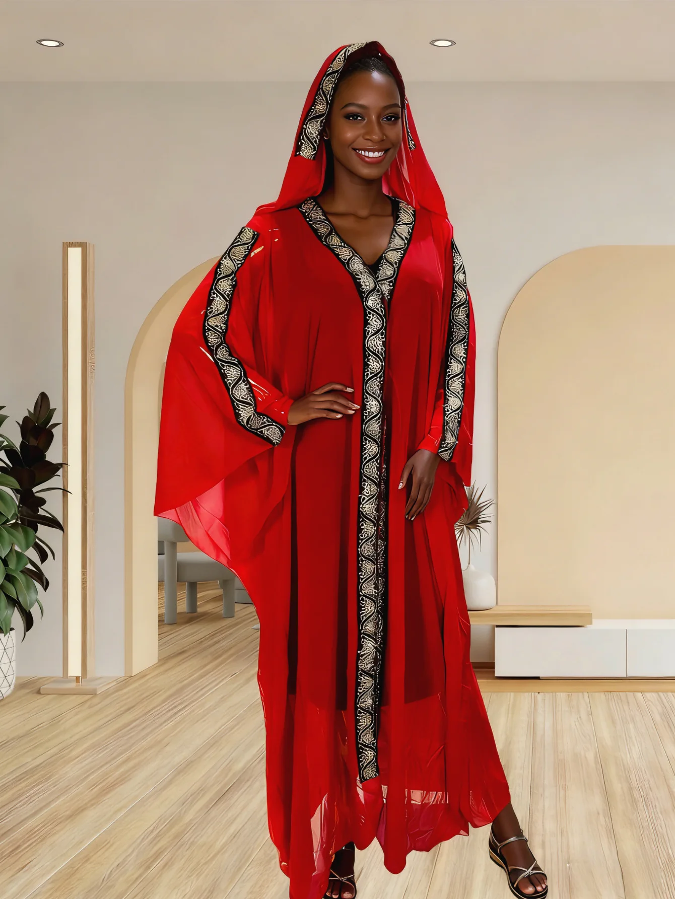 Middle East Africa Hot Muslim Long Robe Vintage Diamond Bead Shoulder Cover Hooded Cloak Dress Bat Sleeve Women's Dress New