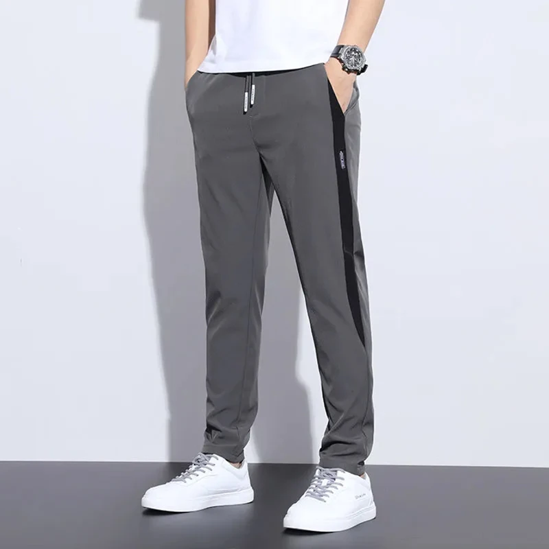 

Ice Silk Straight Leg Casual Pants Men's Elastic Waist Loose Fit Summer Thin Faionable Korean Sle Casual Trousers