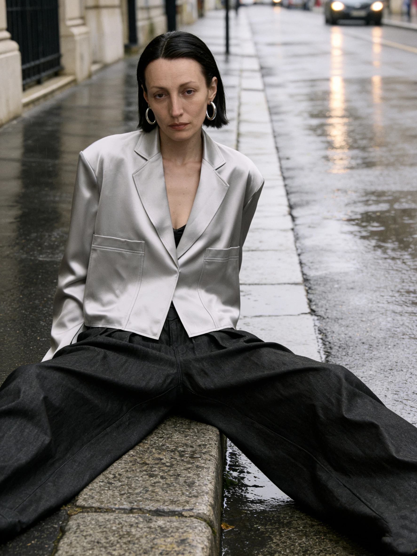 

Elegant Silver Acetate Satin Loose Fit Short Suit Casual Style Single Button Closure West Coat Softfit Leisure Fashion Women'...