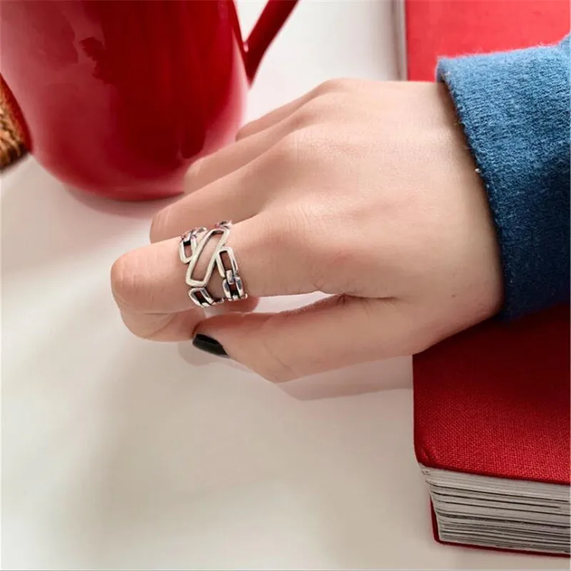 New Personality Wide-faced Chain 925 Sterling Silver Jewelry Irregular Exquisite Geometric Hollow Opening Rings TYB515