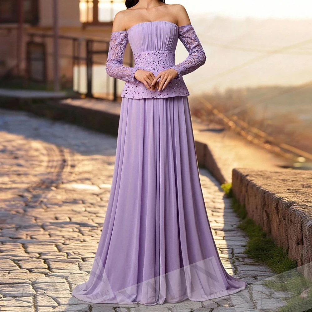 

Women's A-line Evening Dresses Floor-length Off The Shoulder Full Sleeve Prom Dresses Fashion Lace Sequined Customized Gowns