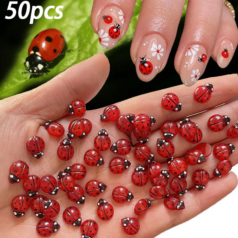 50 pçs 3d bonito vermelho joaninha arte do prego gemas resina flatback primavera inseto encantos da arte do prego 8*10mm joaninhas manicure diy decoração d & 3