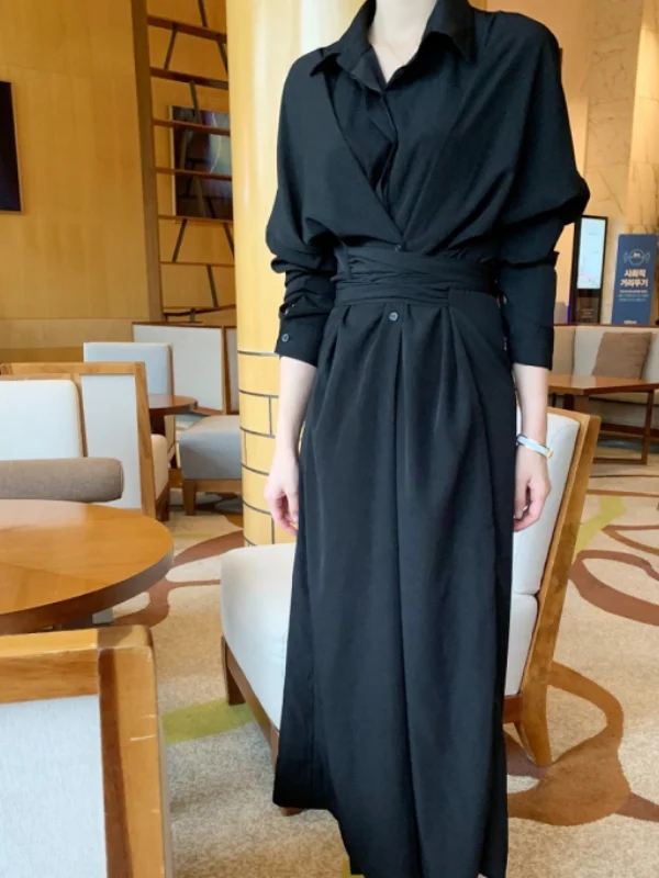 우아한 긴 소매 셔츠 드레스 여성용 크로스 타이 디자인 시크한 가을 드레스 출퇴근 스타일 순수 전자 상거래 판매 중국산