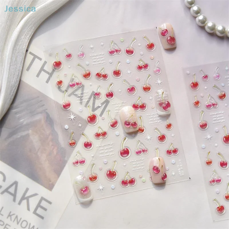 ♥ Autocollants 3D cerise pour Nail Art, décalcomanies de fruits scintillants pour décorations d'ongles à faire soi-même, accessoires de manucure auto-adhésifs