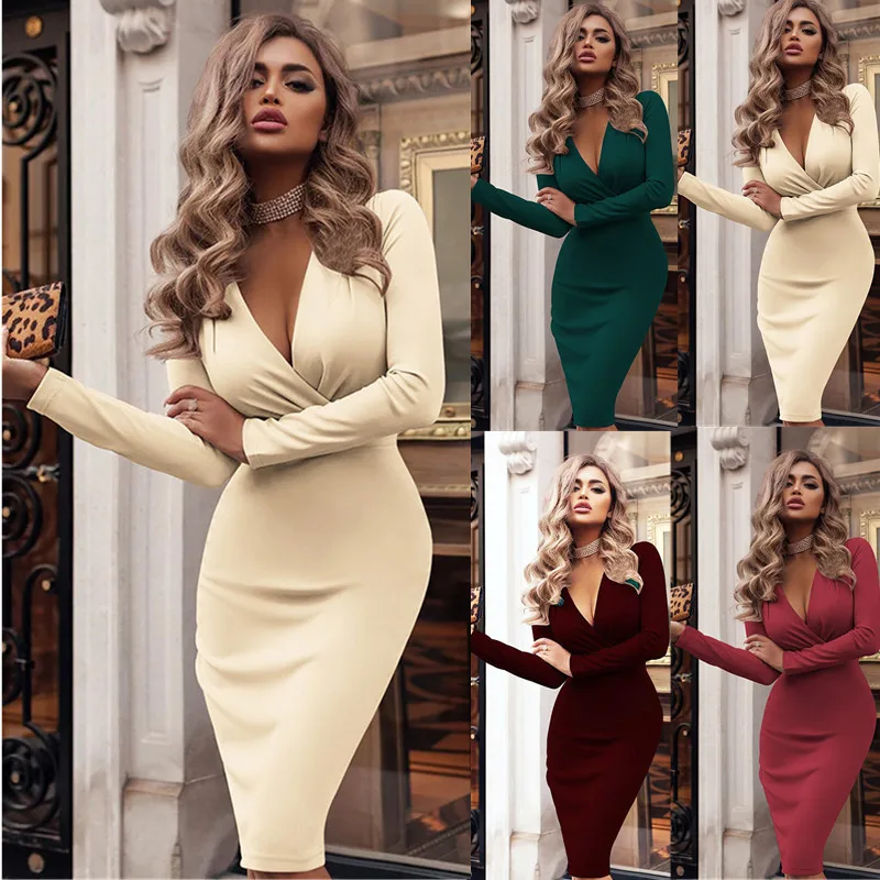 Spring Autumn Elegant Slim Midi Dresses For Women Sexy Deep V-neck Package Hip Bodycon Female Dress Fashion Solid Color Vestidos