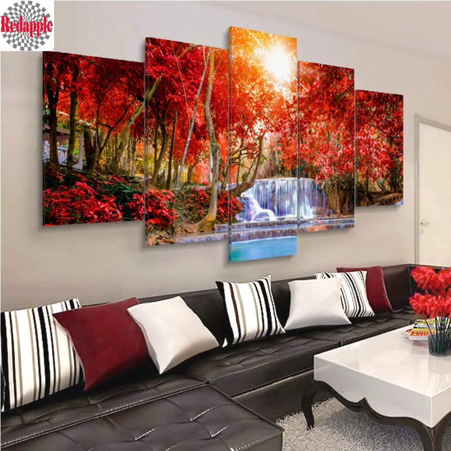 ricamo diamante 5 pezzi Foresta albero rosso cascata Paesaggio Decorazioni per la casa Sfondo modulare Immagine Moderna pittura diamante mosaico