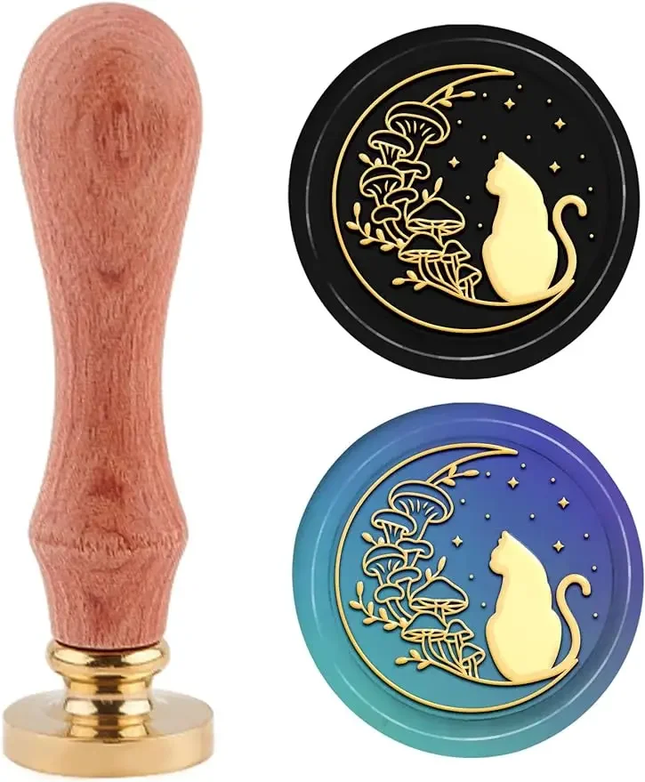 

1PC Cat Wax Seal Stamp Kit Cat Mushroom Moon Wax Sealing Stamp 30mm Retro Removable Brass Head Stamp with Wooden Handle