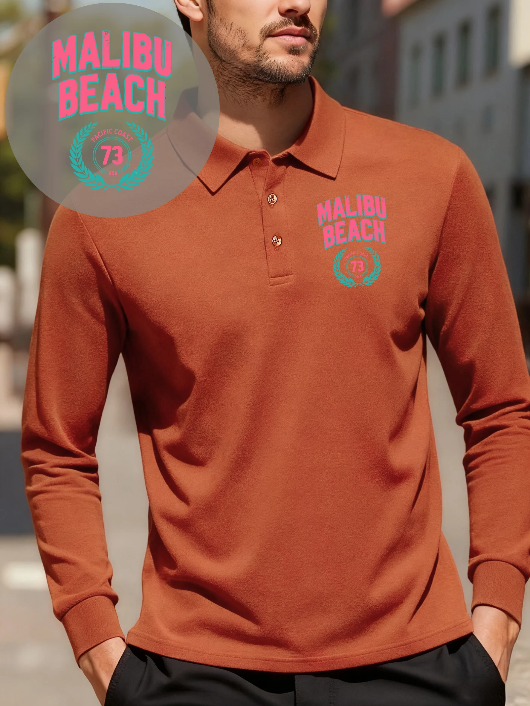 ماليبو شاطئ ساحل المحيط الهادئ قمصان بولو مطبوعة الرجال التلبيب تي شيرت غير رسمي الخريف الأعمال الشارع الشهير كل مباراة الصوف طويلة الأكمام
