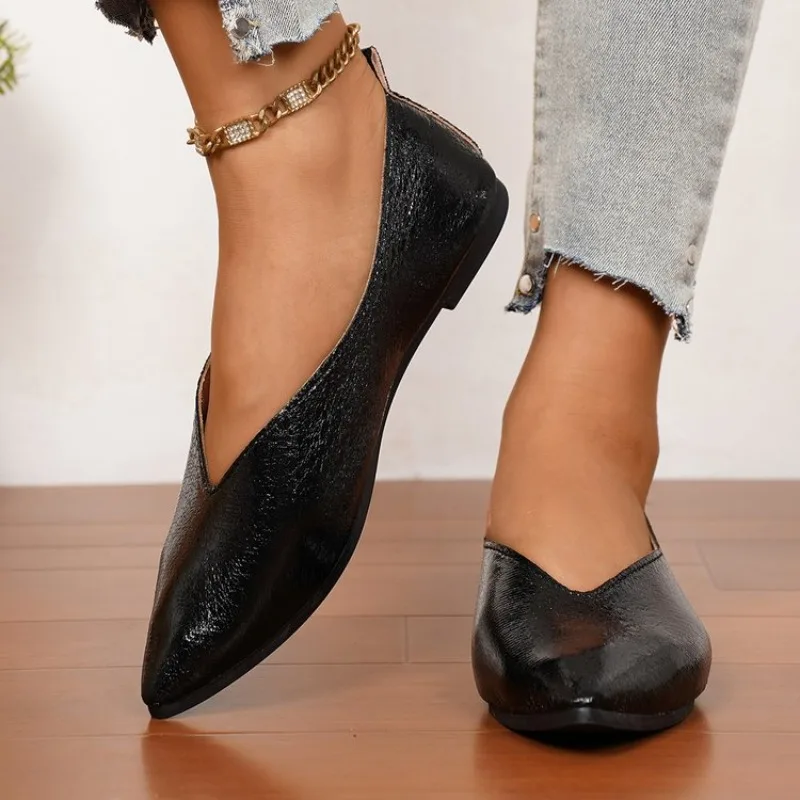 Women's Flats Pointed Toe Flat Heel Textured Finish V-Cut Vamp Slip-On Casual Daily Walking Office Commute Footwear Collections