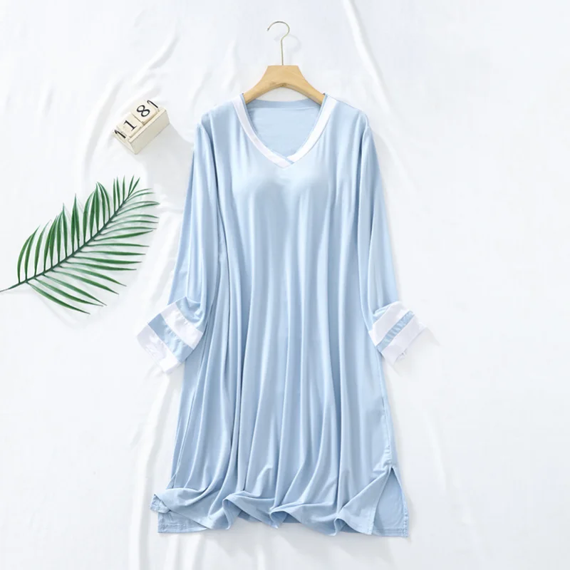 2024 New Women\'s Spring and Summer Sleeping Dress Modal V-neck long-sleeved skirt with breast pad Loose household skirt summer