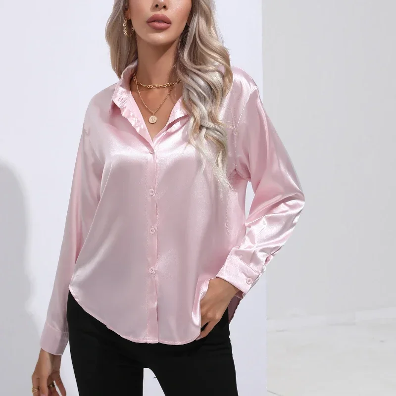 DAYIFUN Elegant Lady Satin Imitation Silk Long Sleeve Shirts Autumn/Winter Solid Office Lady Lapel Button Blouses Women Clothing