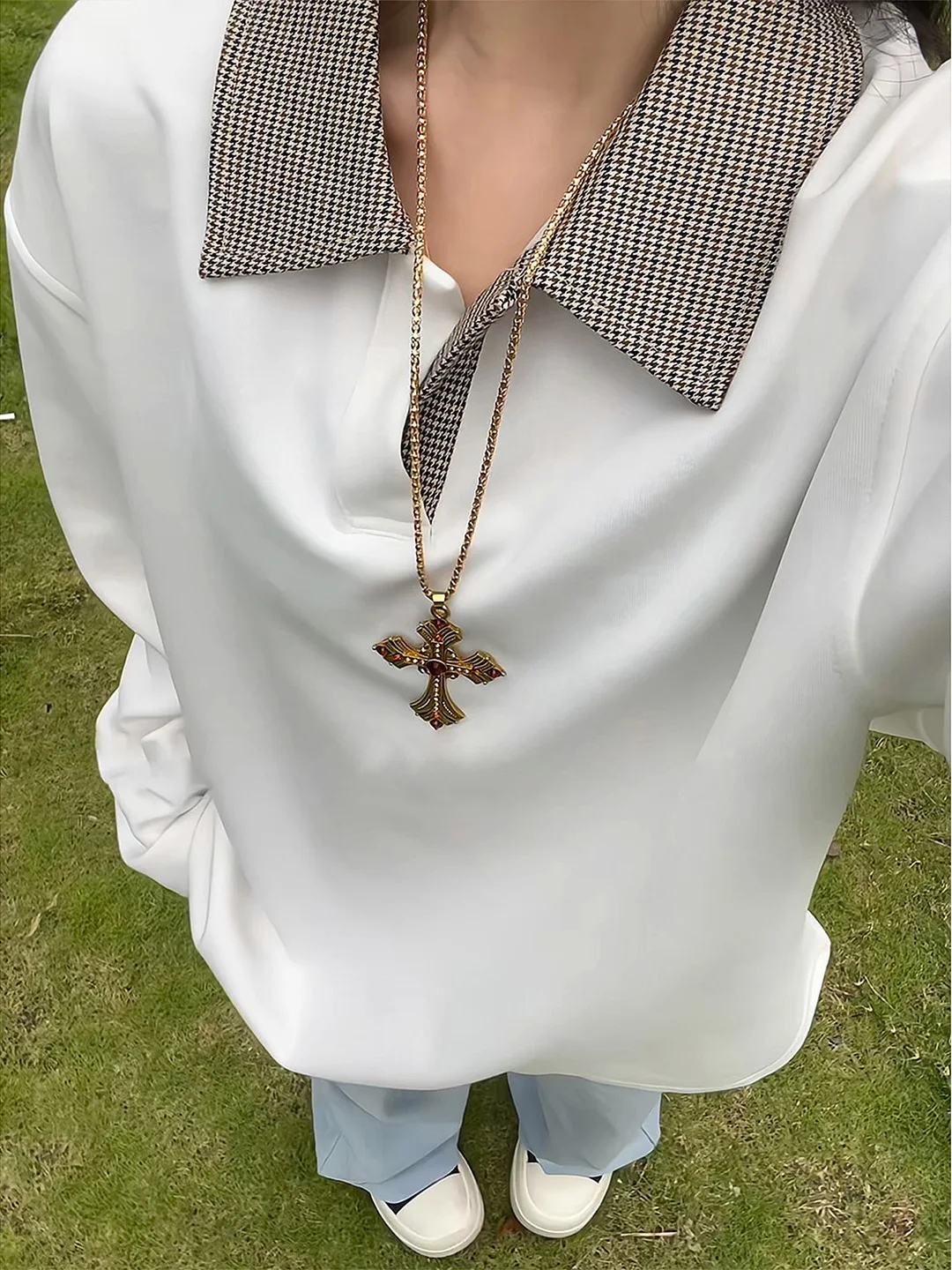 

White Plaid Long Sve irt Women's Sle Autumn High-End Heavyweight Retro American Base Layer irt Casual Wear