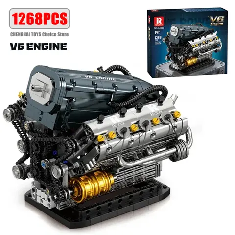 1268PCS V6 Engine Building Blocks Mechanical Motor Kit MOC Model Technical Bricks STEM Engineering Toy Gift for Boys Kids Adults