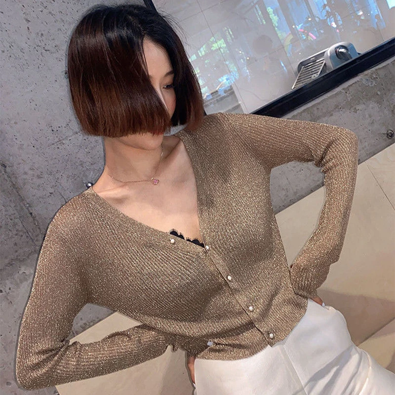 Sexy cropped cardigan women autumn clothes korean long sleeve tops V neck Thin knit sweaters for 2024 new clothes knitted vests