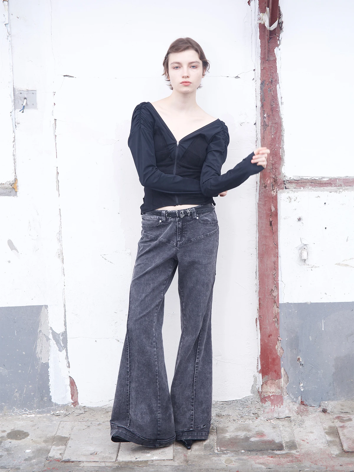 

SUSUAN Утягивающий топ с молнией и V-образным вырезом, оригинальный дизайн, хлопок/полиэстер, длинный рукав, куртка