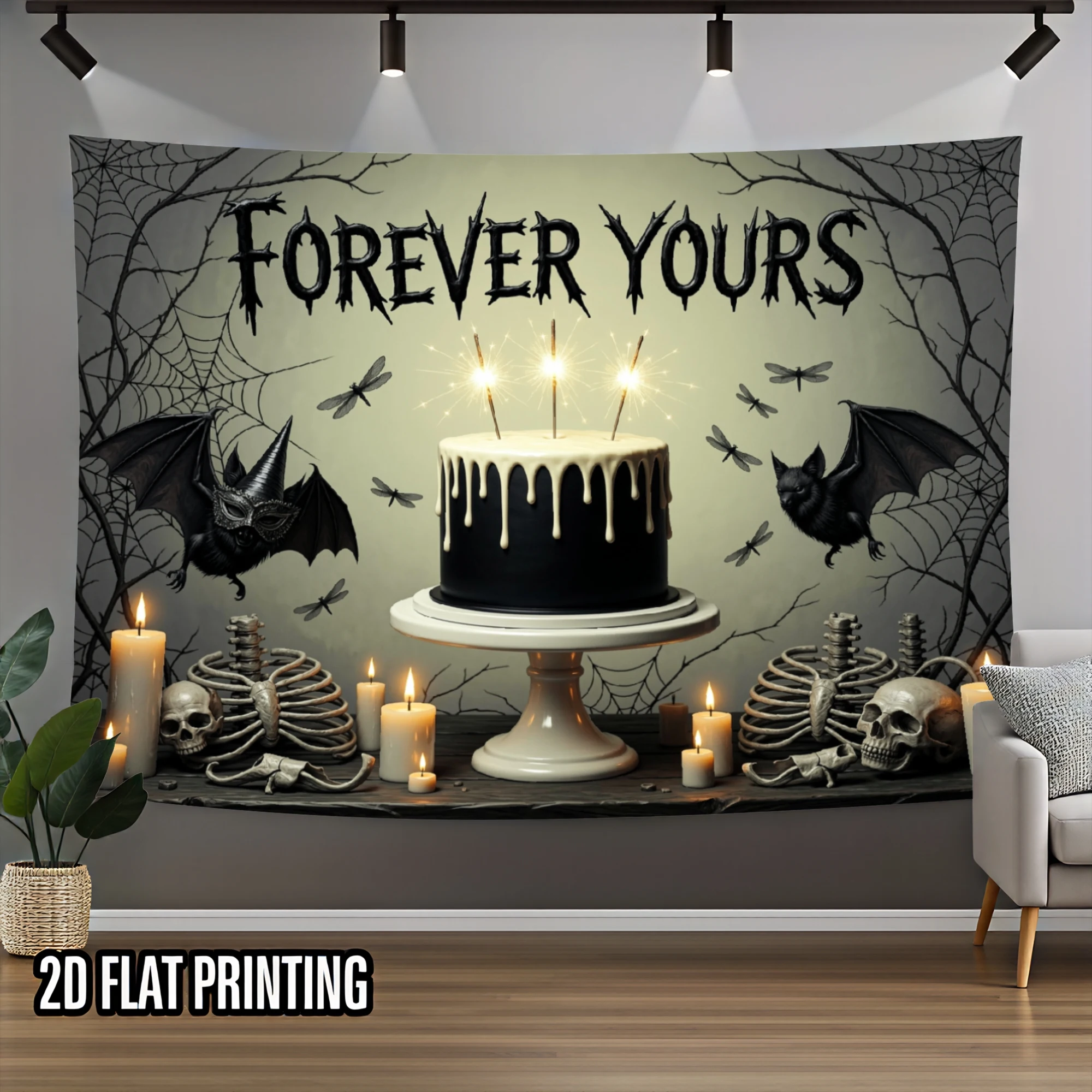 1pc Home Decor Tapestry Gothic Halloween Wall Hanging With Black Cake Skeleton Bat And Spider Web Pattern Polyester Fabric Art B