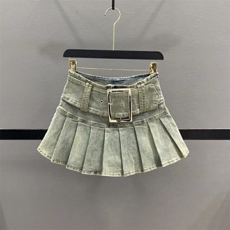

Korean style Summer High Waisted Denim Pleated Short Skirt Girlish and Motorcycle Cool Pantskirt Mini Culottes Women Skirts