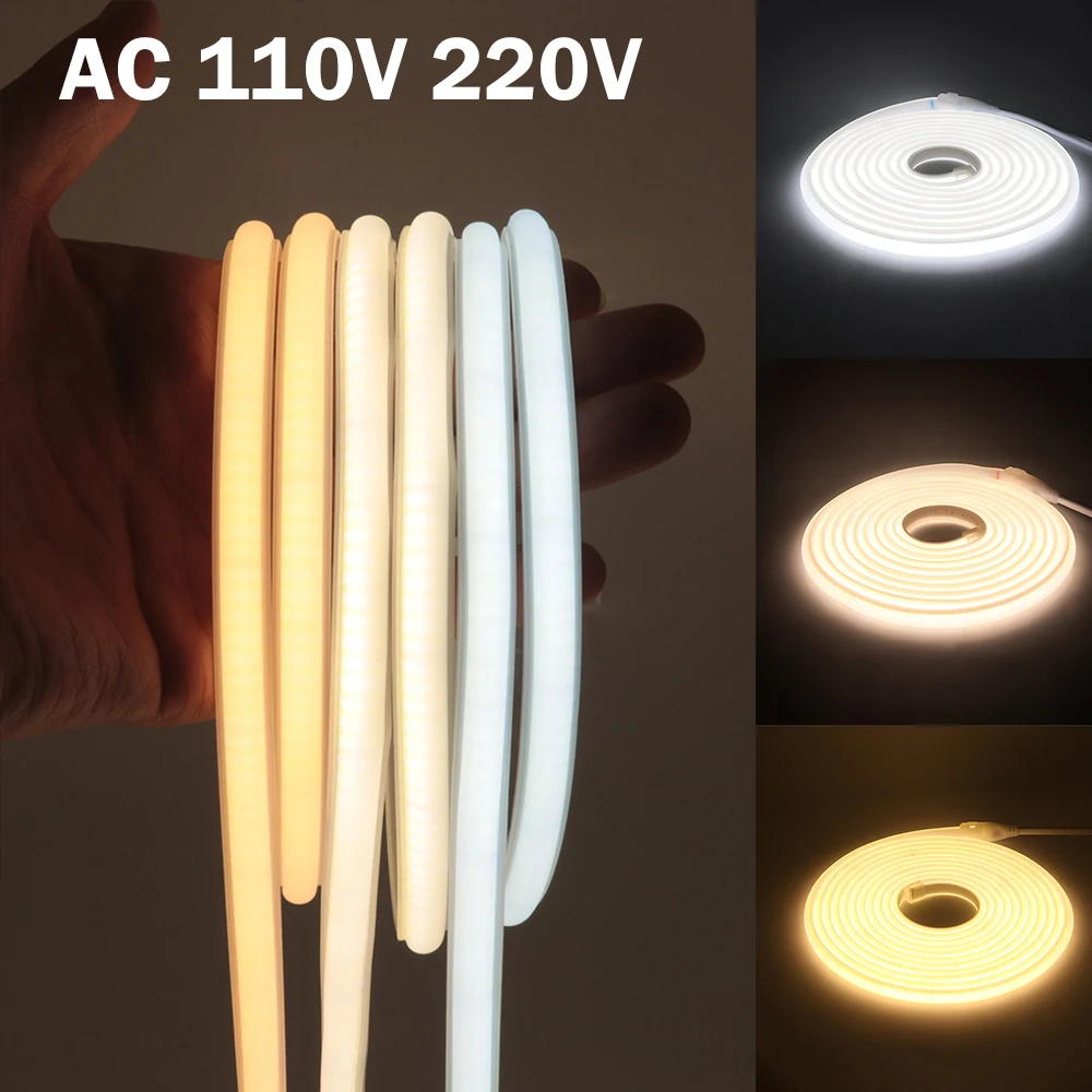 

110V 220V COB LED Strip Lights with ON/OFF Switch Waterproof Flexible Tape 35M 20M 10M 5M 0.5M Neon Strip for Home Garden Decor