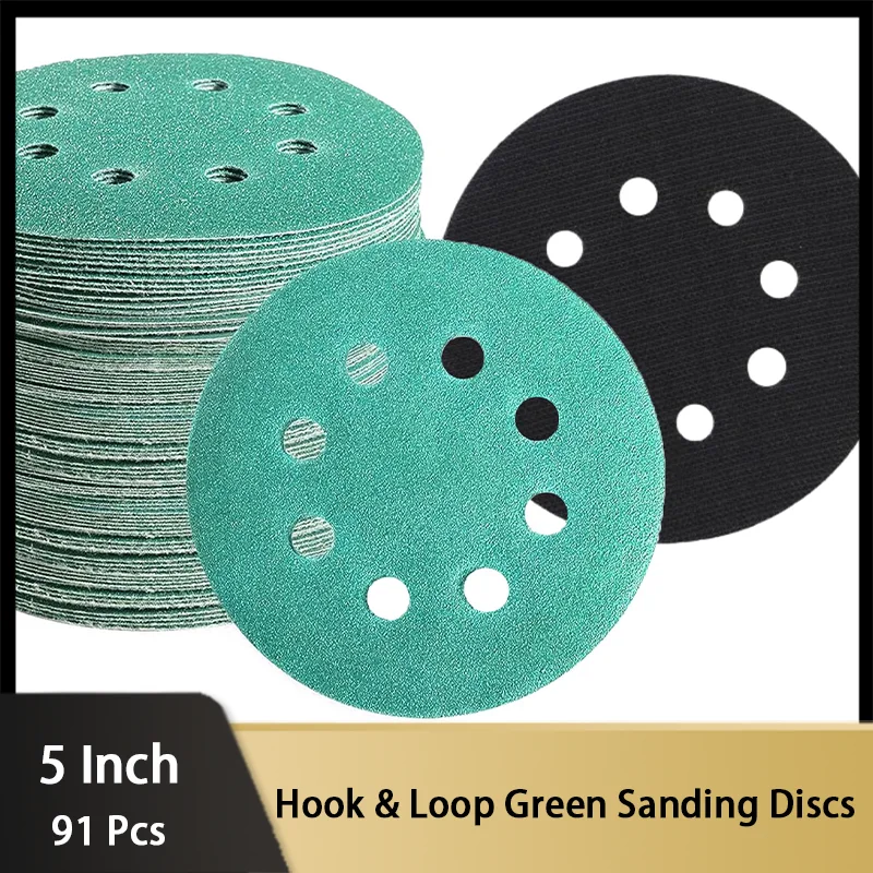 

91 PCS 5 Inch 125MM 8 Holes Green Sanding Discs with Interface Pad Hook and Loop 80-1500 High Grit Assortments Fine Grit