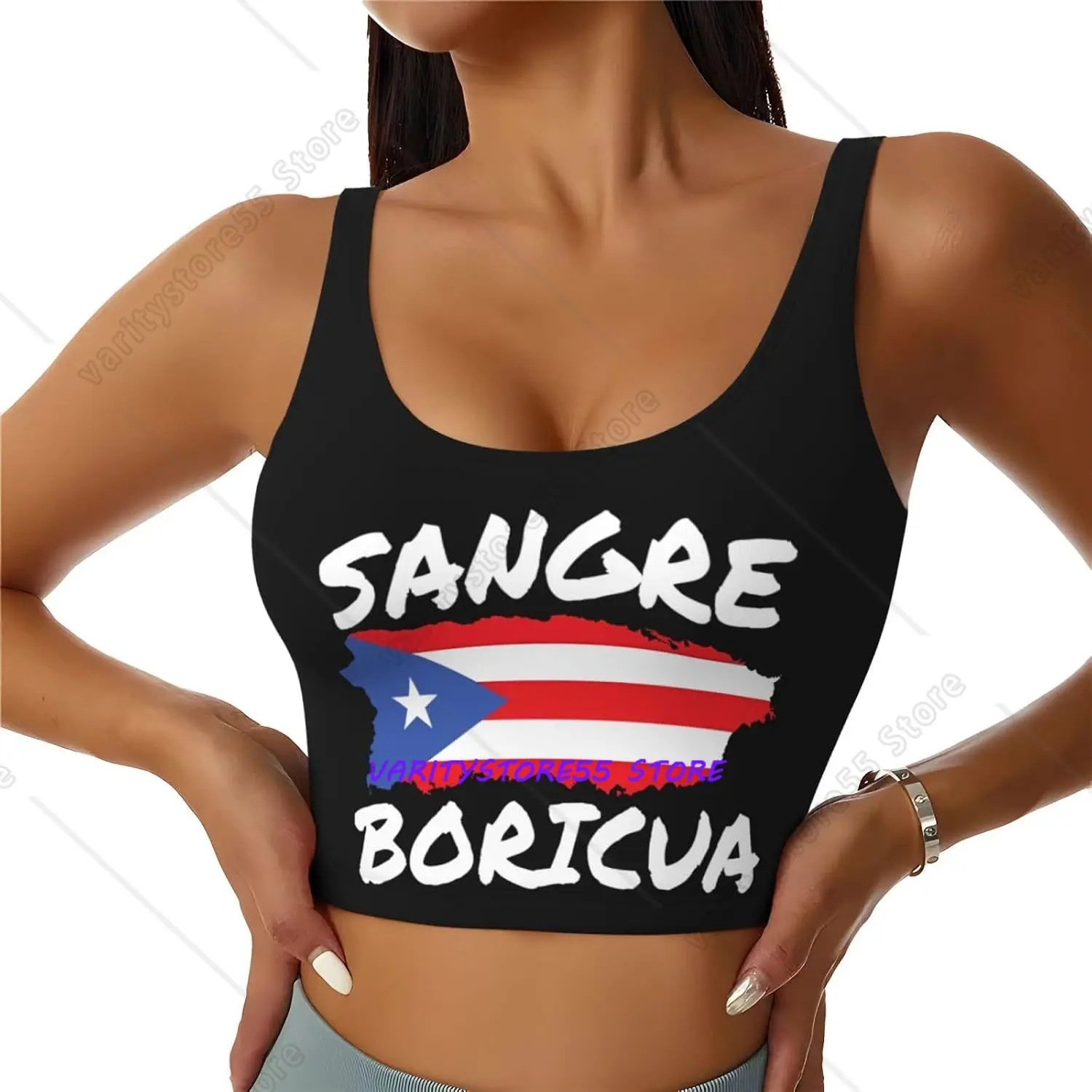 Puerto Rico Island Flag Women's Sports Bra Yoga Crop Gym Tank Tops U Back Exercise Workout Top Removable Pads Fitness