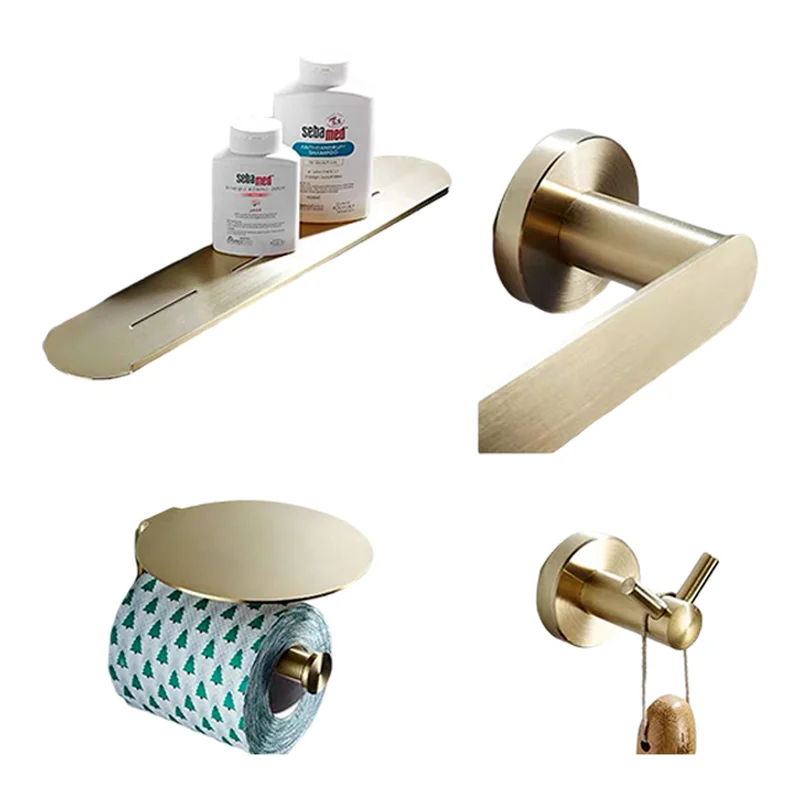 4pcs Stainless Steel Brushed Gold Bathroom Accessories Set with Storage Plat, Towel Bar, Robe Hook, Toilet Paper Holder