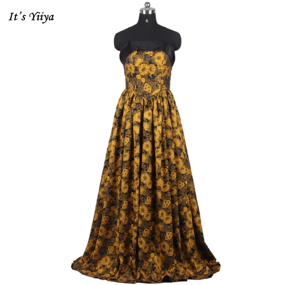 

It's Yiiya Yellow Floral Evening Dress Simple Strapless Lace up A-line Pleat Floor Length Plus size Women Party Dresses B2167