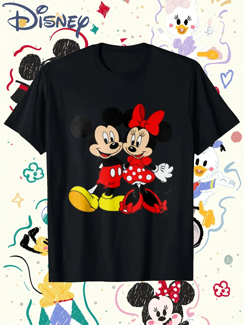 

Mickey & Minnie Mouse Graphic T-Shirt - Black Casual Streetwear Tee for Women & Men, Comfortable Cotton Round Neck Short Sleeve