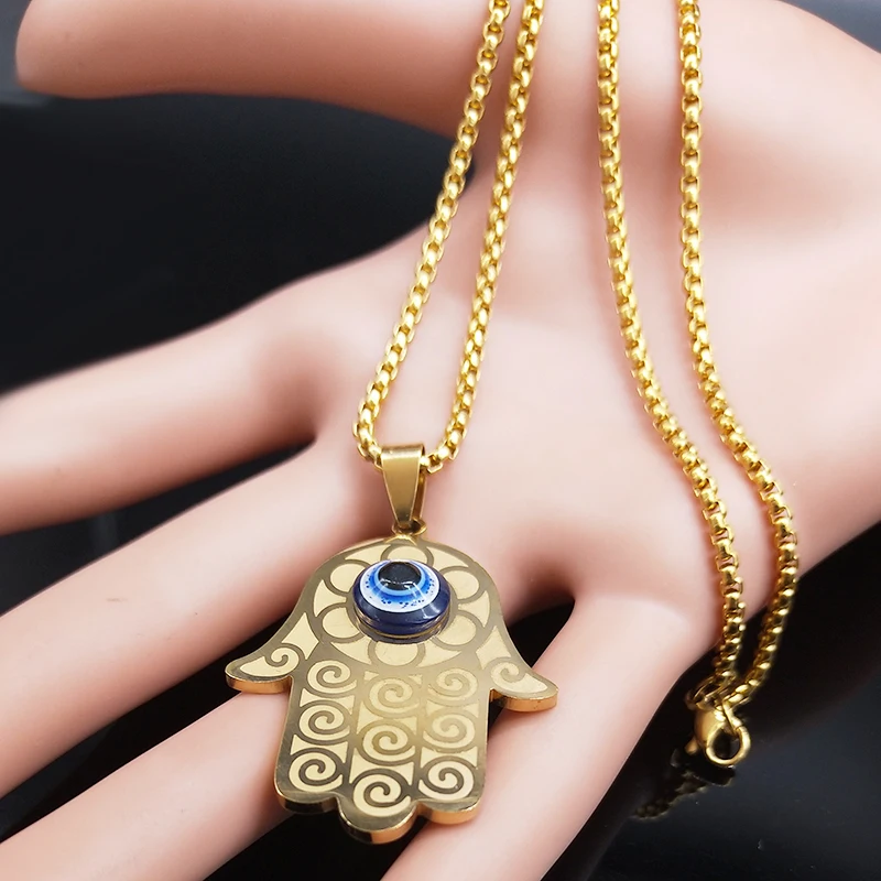 Blue Turkish Demon Eye Hamasa Hand Stainless Steel Hand of Fatima Necklace Women Men Necklace Jewelry collares mujer N1139S02