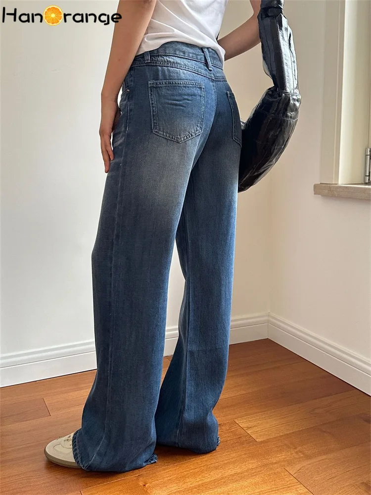 HanOrange 2024 Summer Simple Smooth Thin Lyocell Jeans Women Comfortable Breathable Loose Casual Denim Blue Trousers